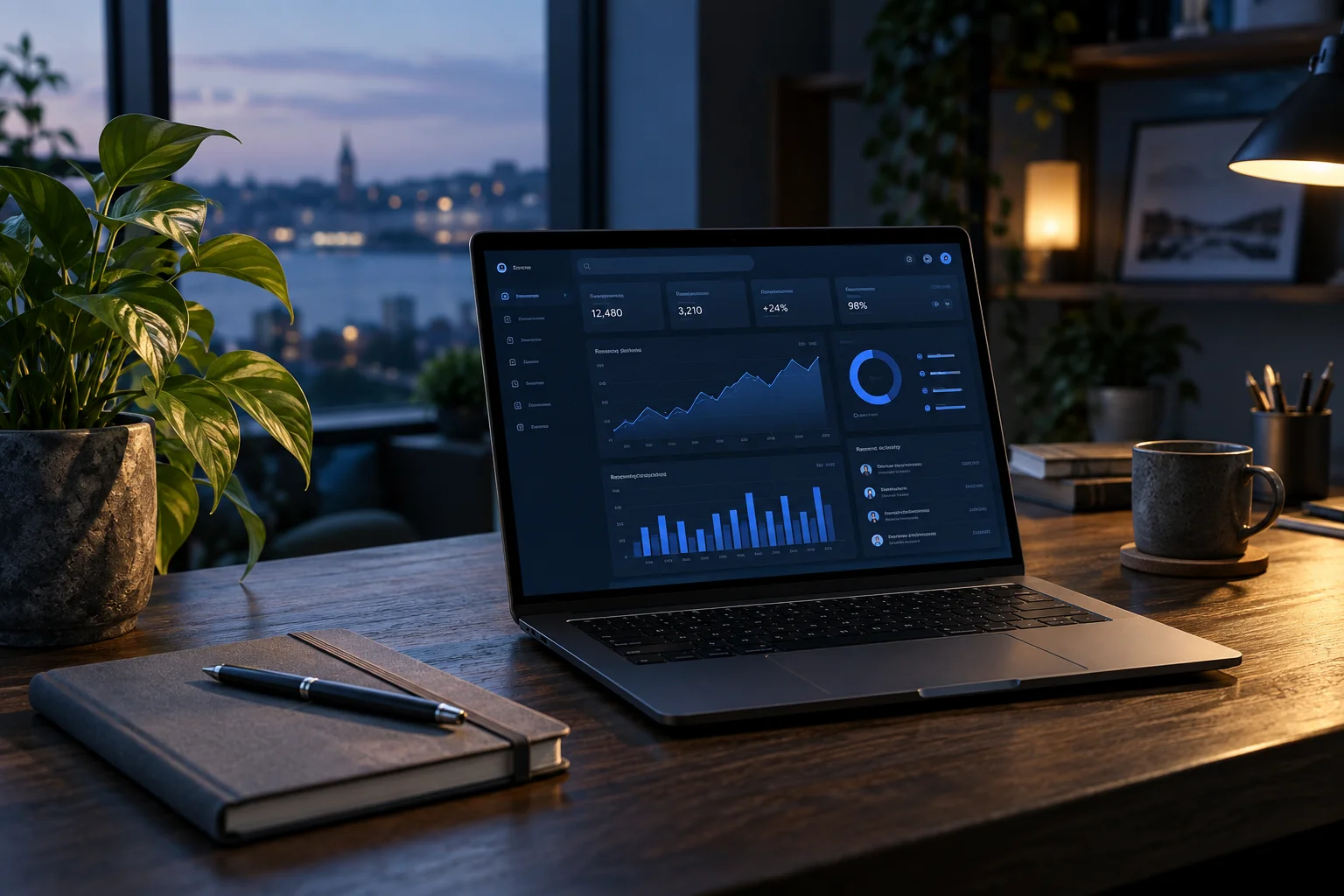 A laptop displaying a software dashboard at a softly lit studio desk